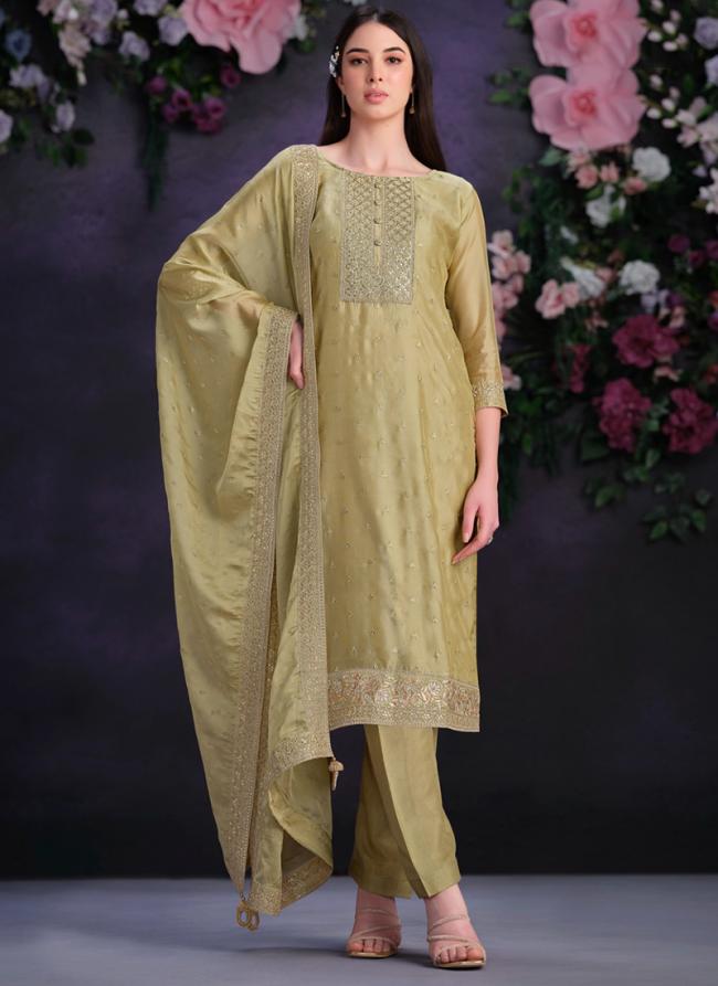 Shimmer Organza Yellow Festival Wear Embroidery Work Straight Suit